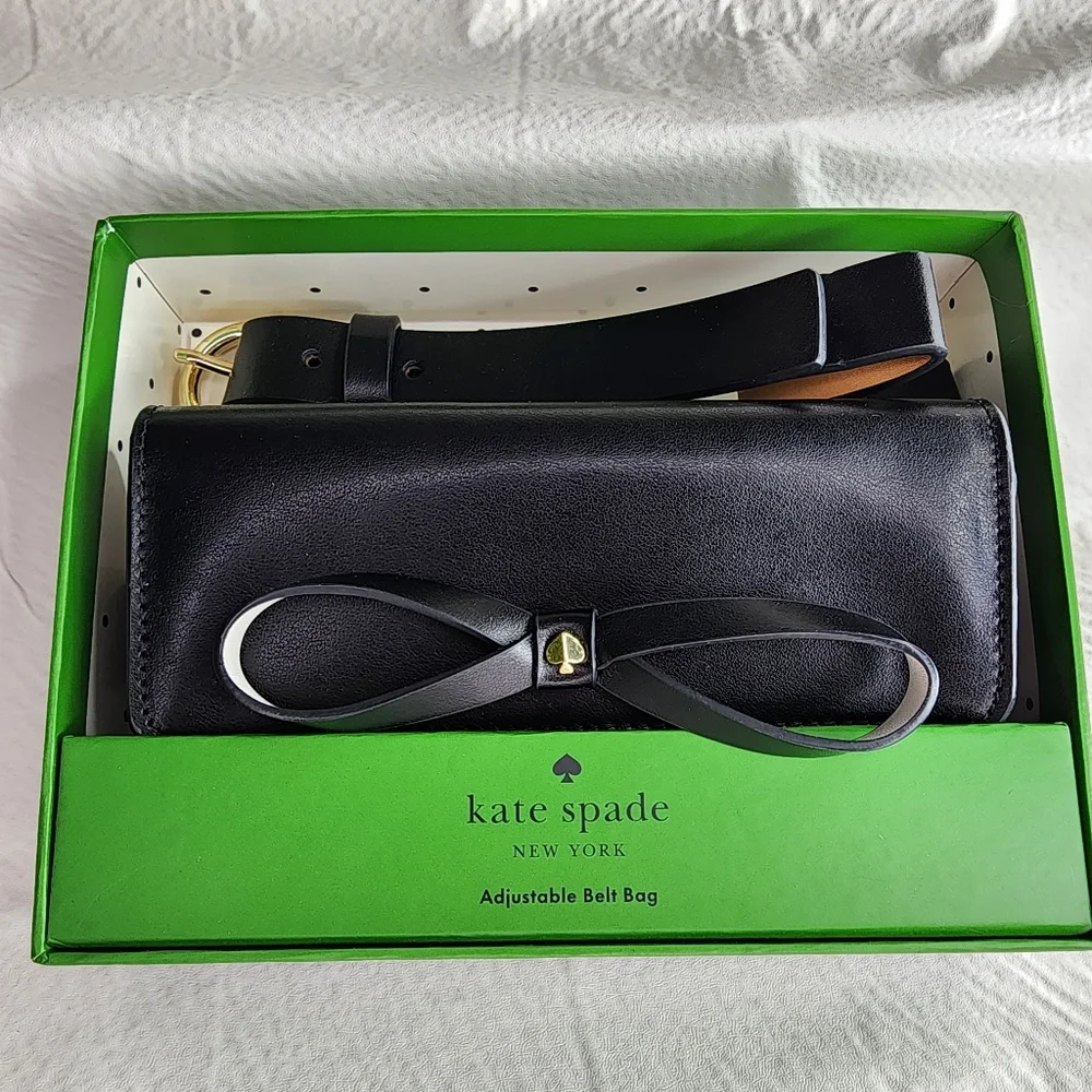Kate Spade Adjustable Belt Bag Black Genuine Leather Bow Front Size S/M NEW